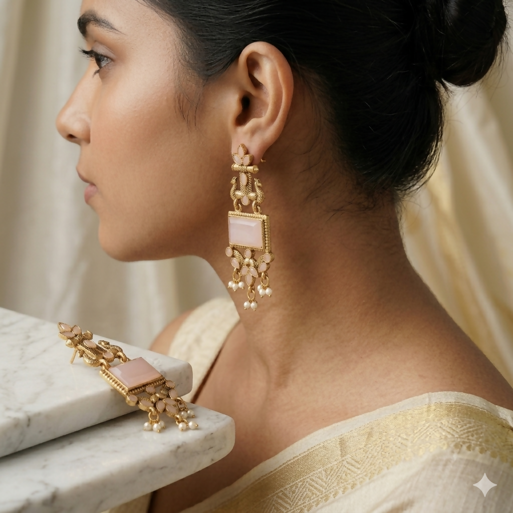 Oxidised Chandbali Earrings – Pink Stone Peacock Design for Women