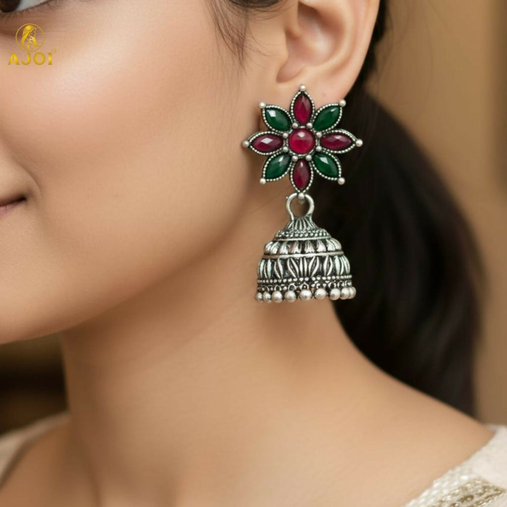 Floral Jhumka Earrings – Elegant Oxidized Silver Design