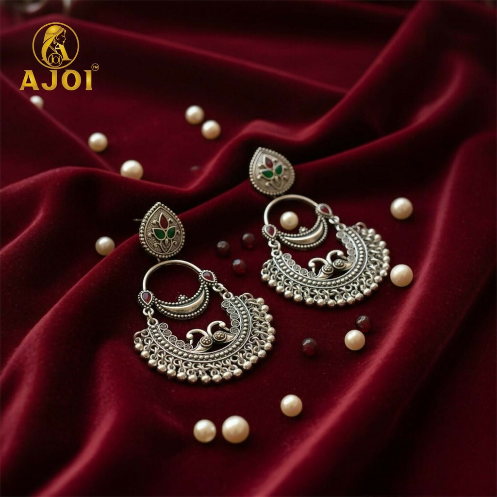 Oxidised Silver Peacock Chandbali Earrings – Vintage Ethnic Charm