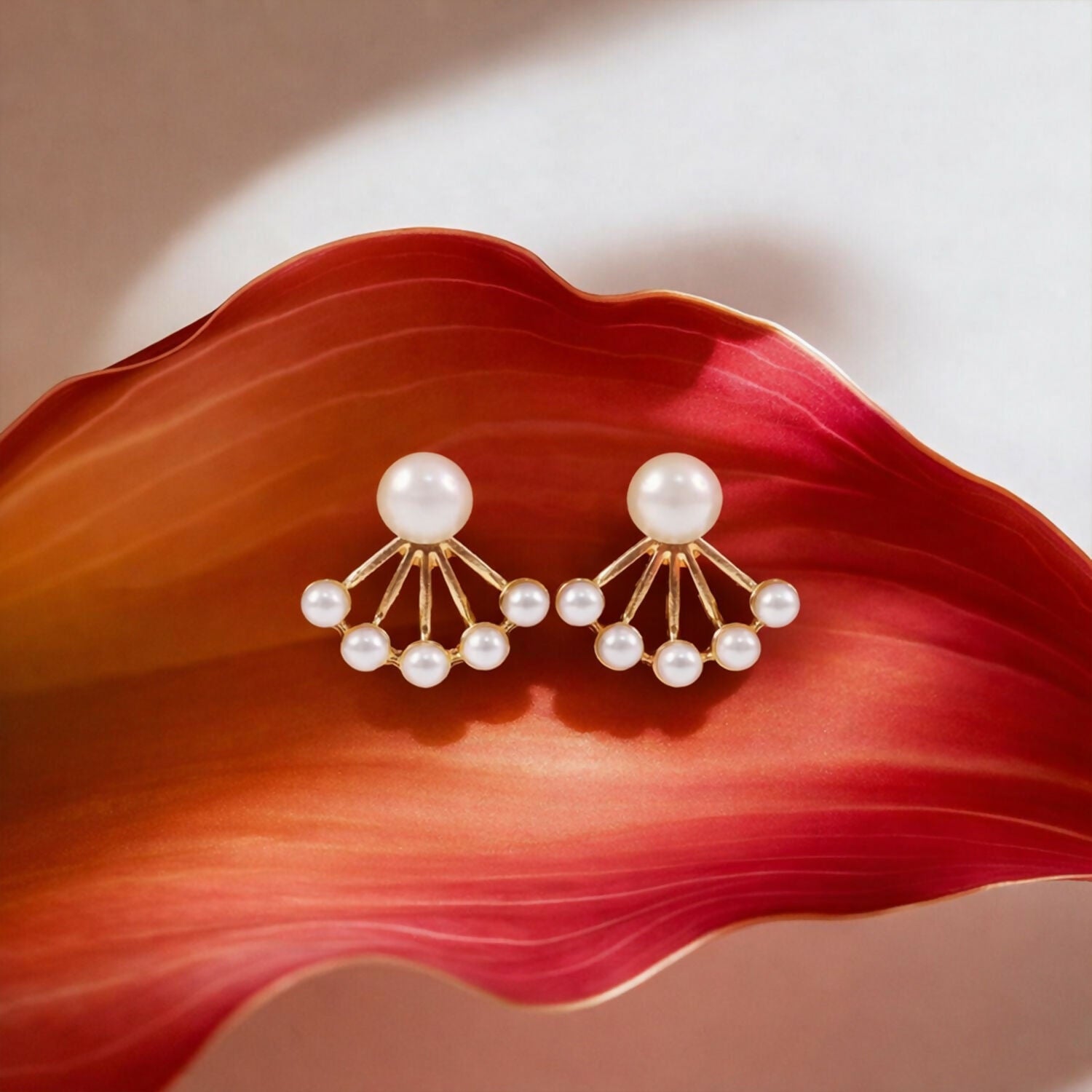 Pearl Stud Earrings – Elegant Korean Fan Design for Women