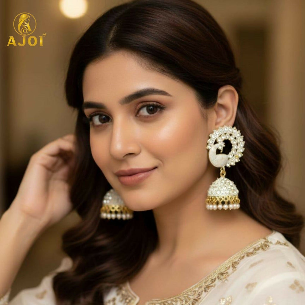 White Stone Pearl Jhumka Earrings – Elegant Festive Jewellery