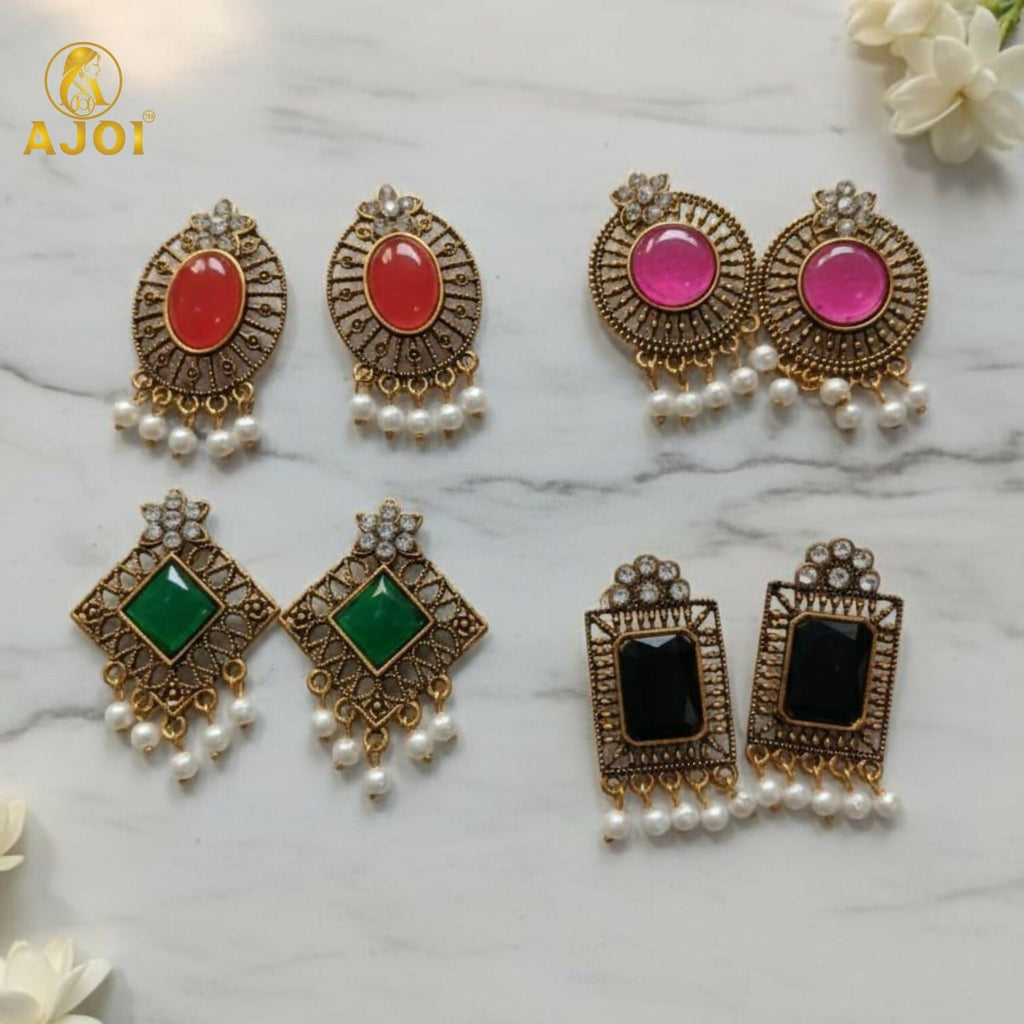 Antique Stone & Pearl Drop Earrings Combo – 4 Designer Pairs