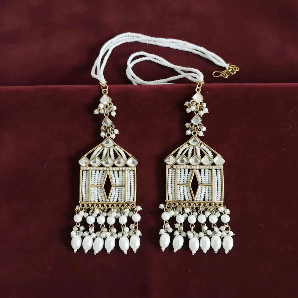 Kundan Pearl Earrings – Birdcage Statement with Ear Chains
