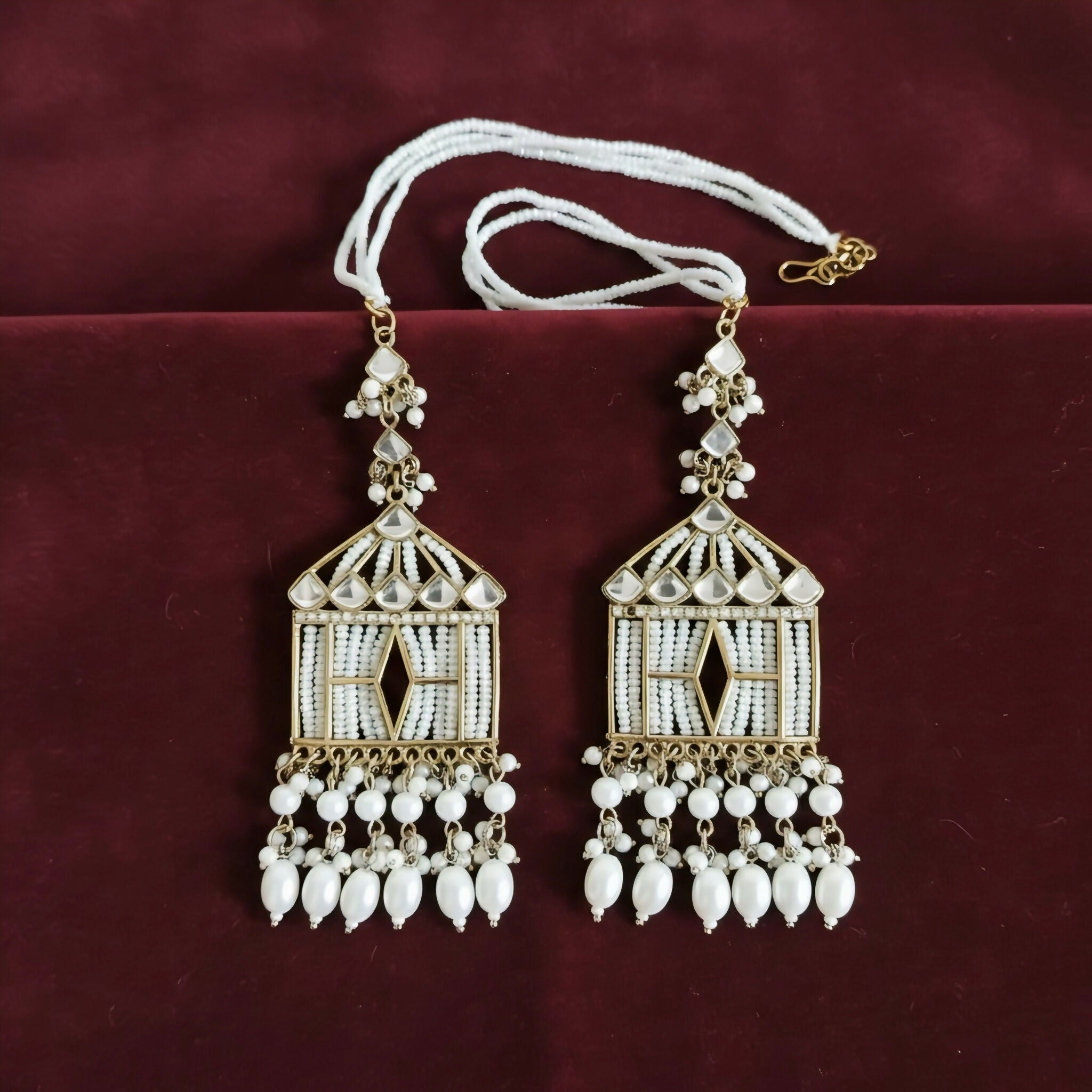 Kundan Pearl Earrings – Birdcage Statement with Ear Chains