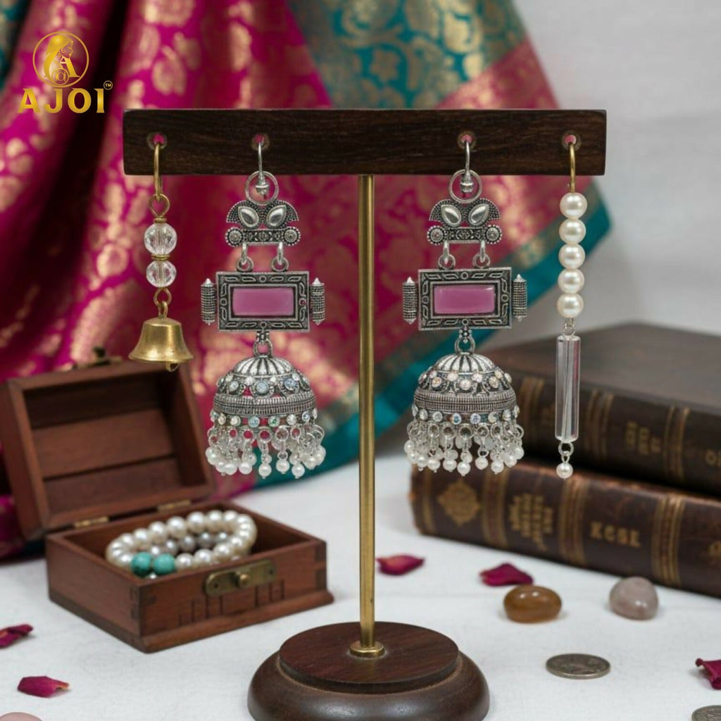 Oxidized Silver Jhumka Earrings – Royal Blush Pink Stone Design