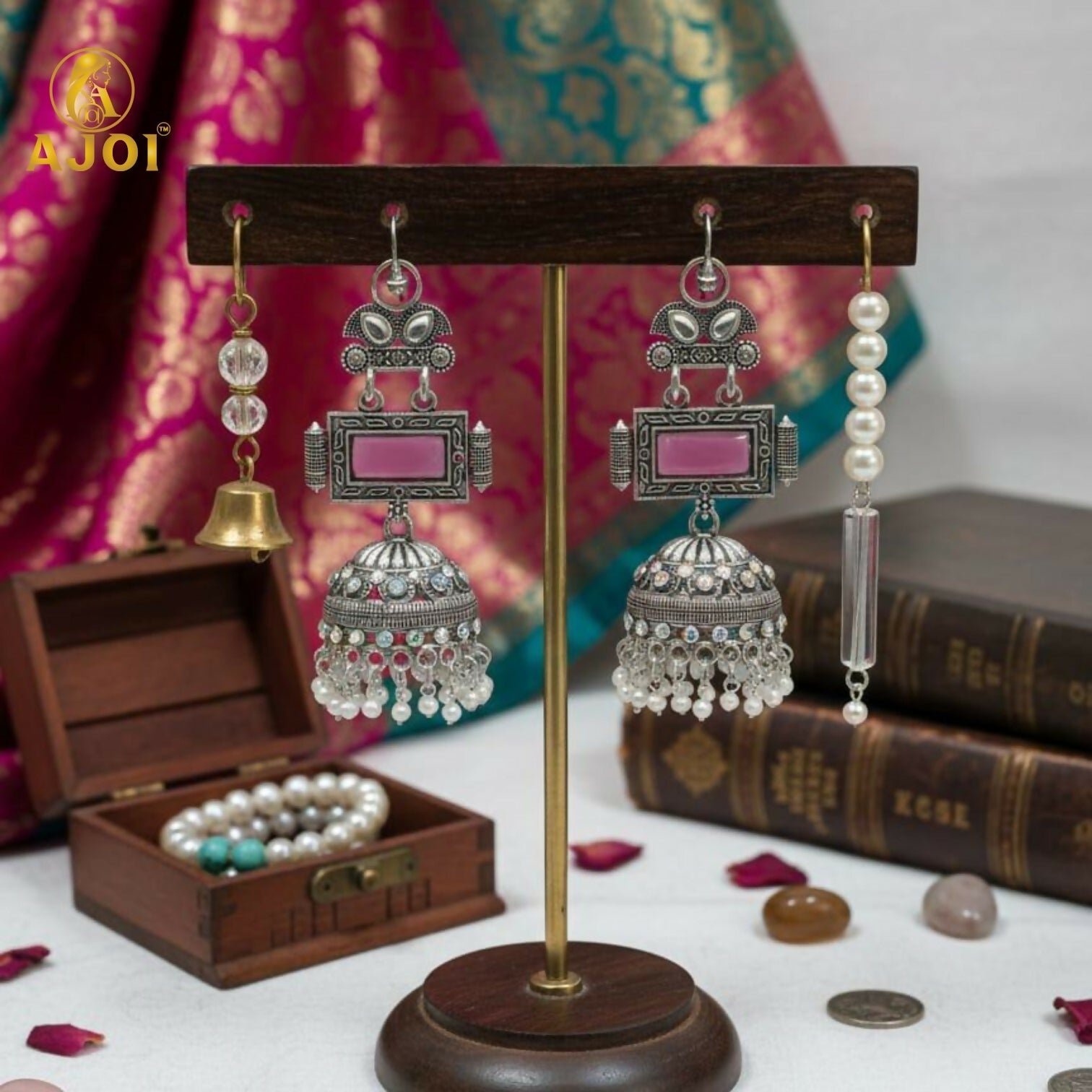 Oxidized Silver Jhumka Earrings – Royal Blush Pink Stone Design