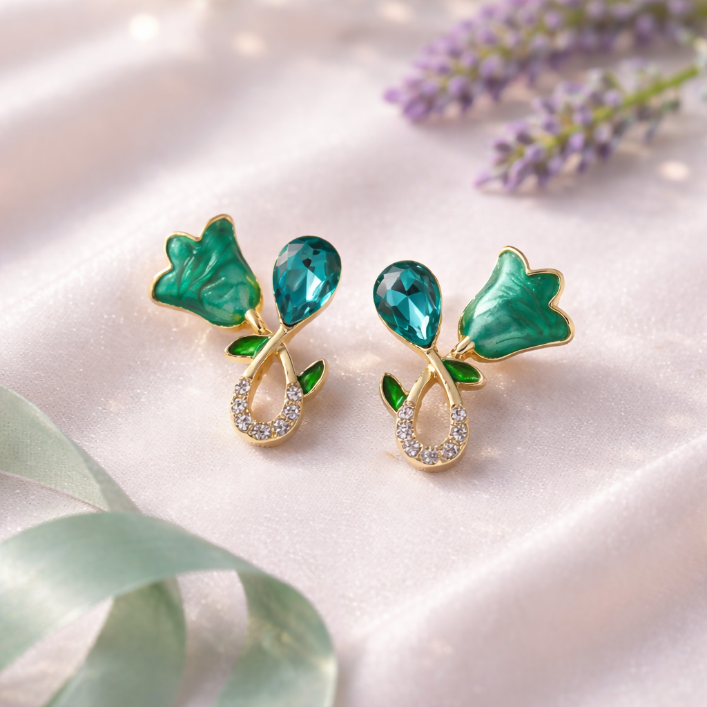 Green Floral Stud Earrings – Gold Plated Crystal Design