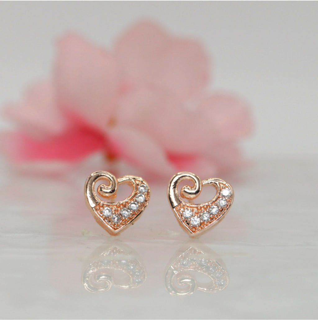 Heart Stud Earrings in Rose Gold Plating with CZ Sparkle
