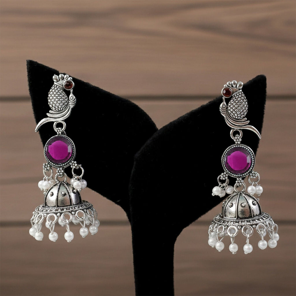 Oxidised Silver Peacock Jhumka Earrings with Pink Stone and Pearl Drops for Women