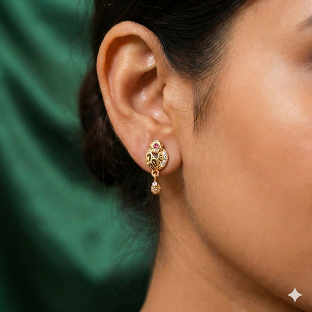 Peacock Filigree Earrings – Gold-Plated Ruby & Crystal Dangle