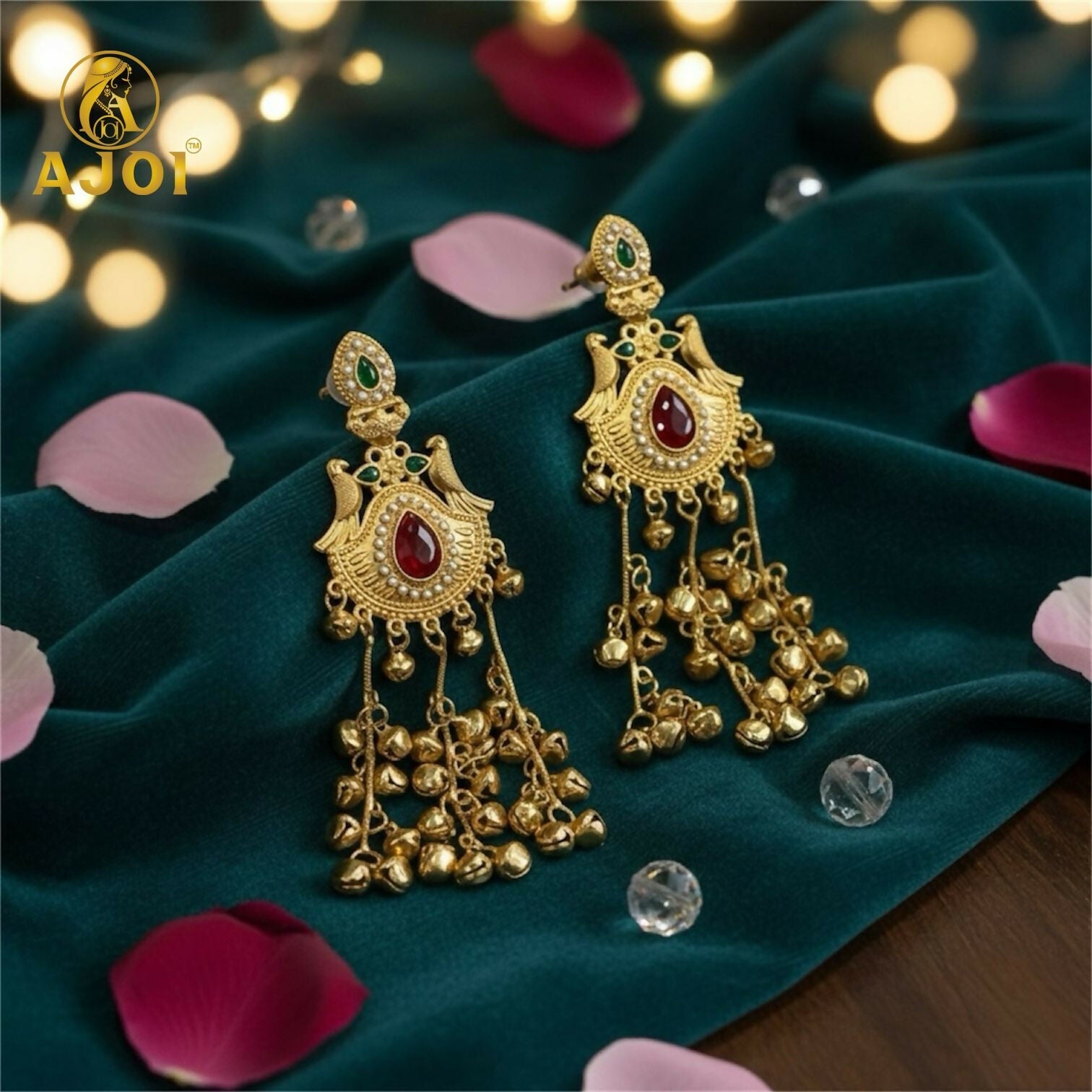 Kashmiri Heritage Gold Dangler Earrings with Red Teardrop Stone