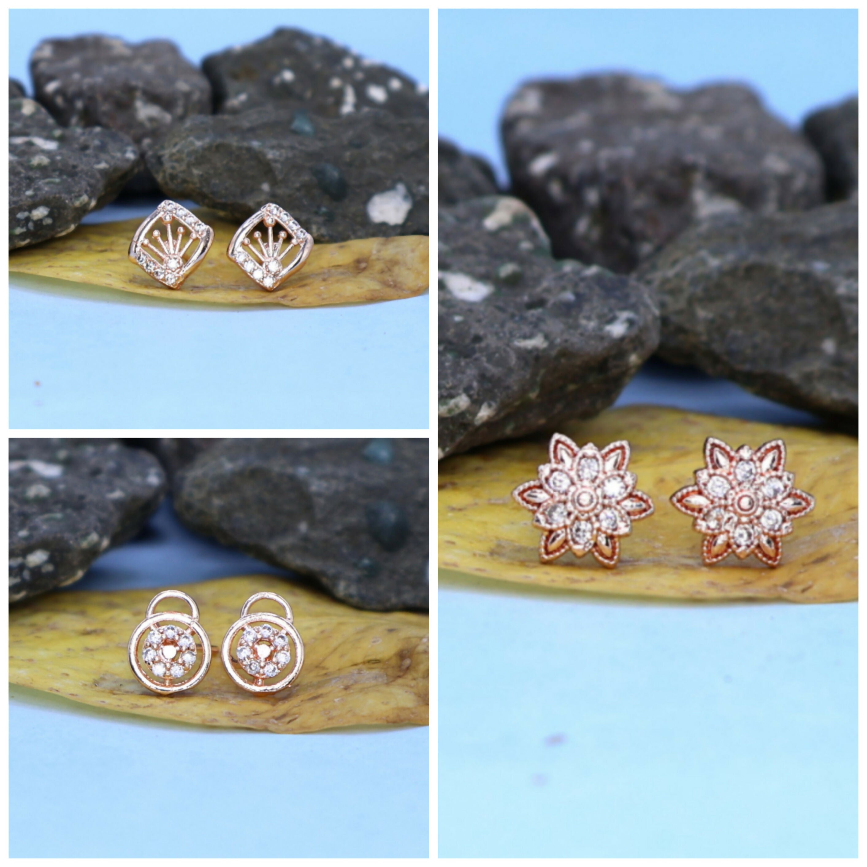 Rose Gold Stud Earrings Set – 3 Pair Combo with Diamond Look