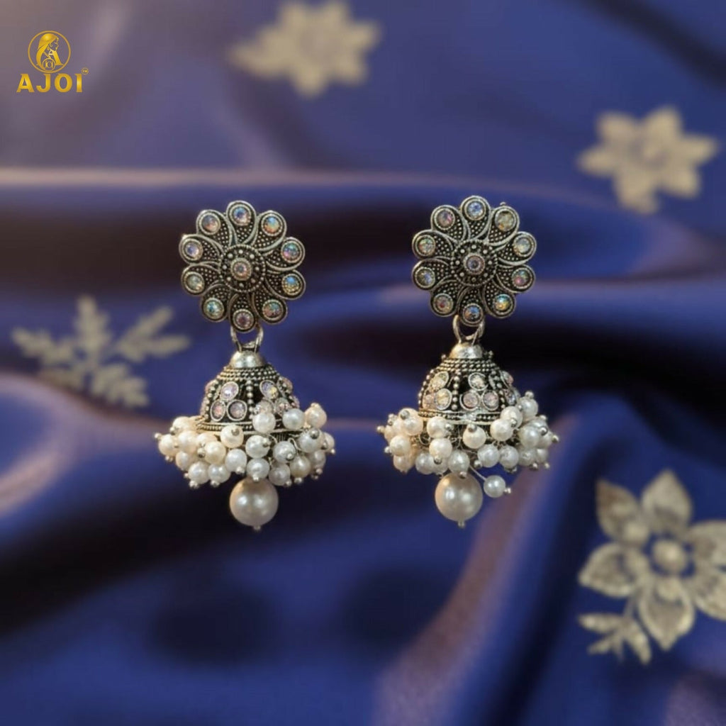 Oxidised Silver Jhumka Earrings with Pearl Drops – Traditional Indian Design