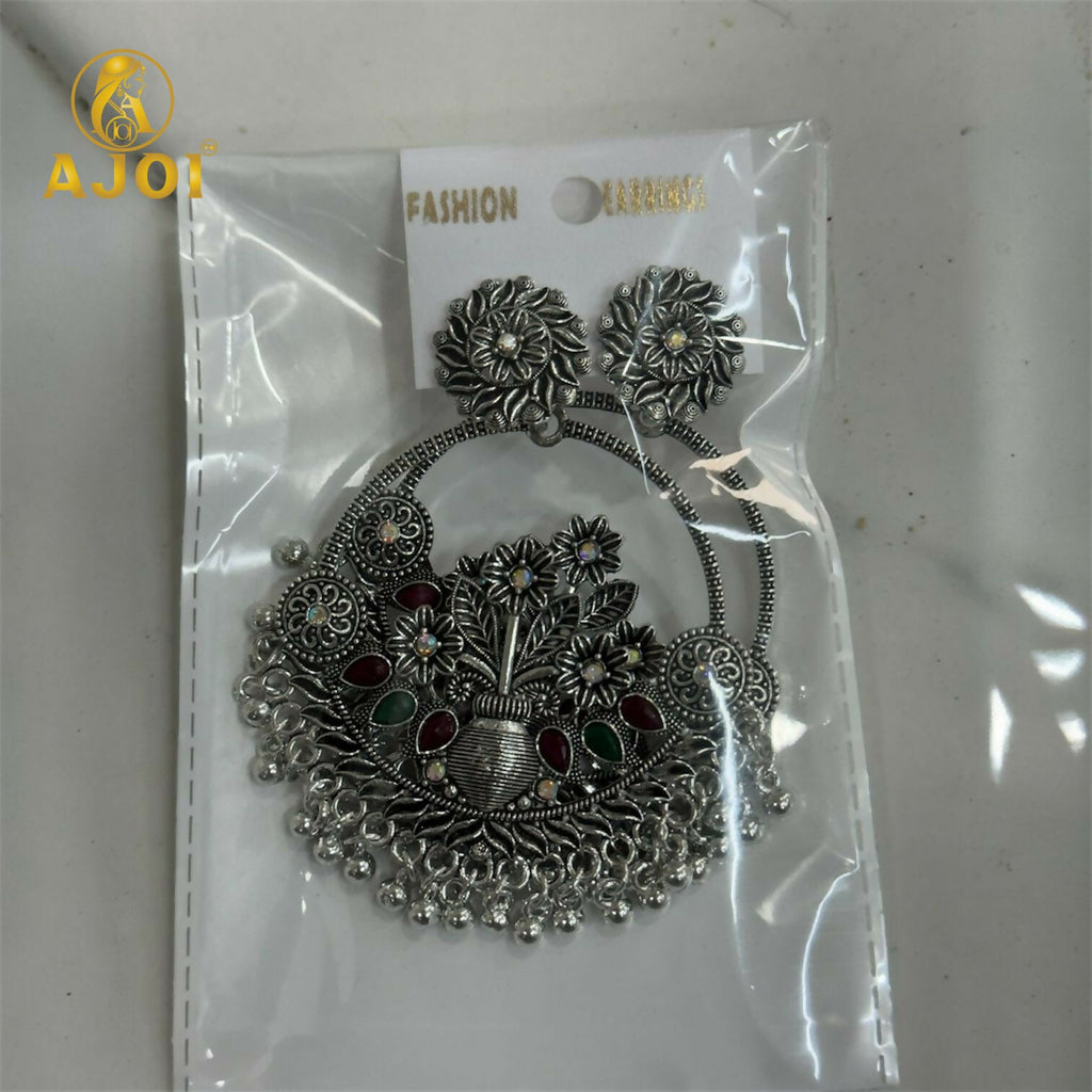 Oxidised Silver Chandbali Earrings – Floral Design with Color Stones