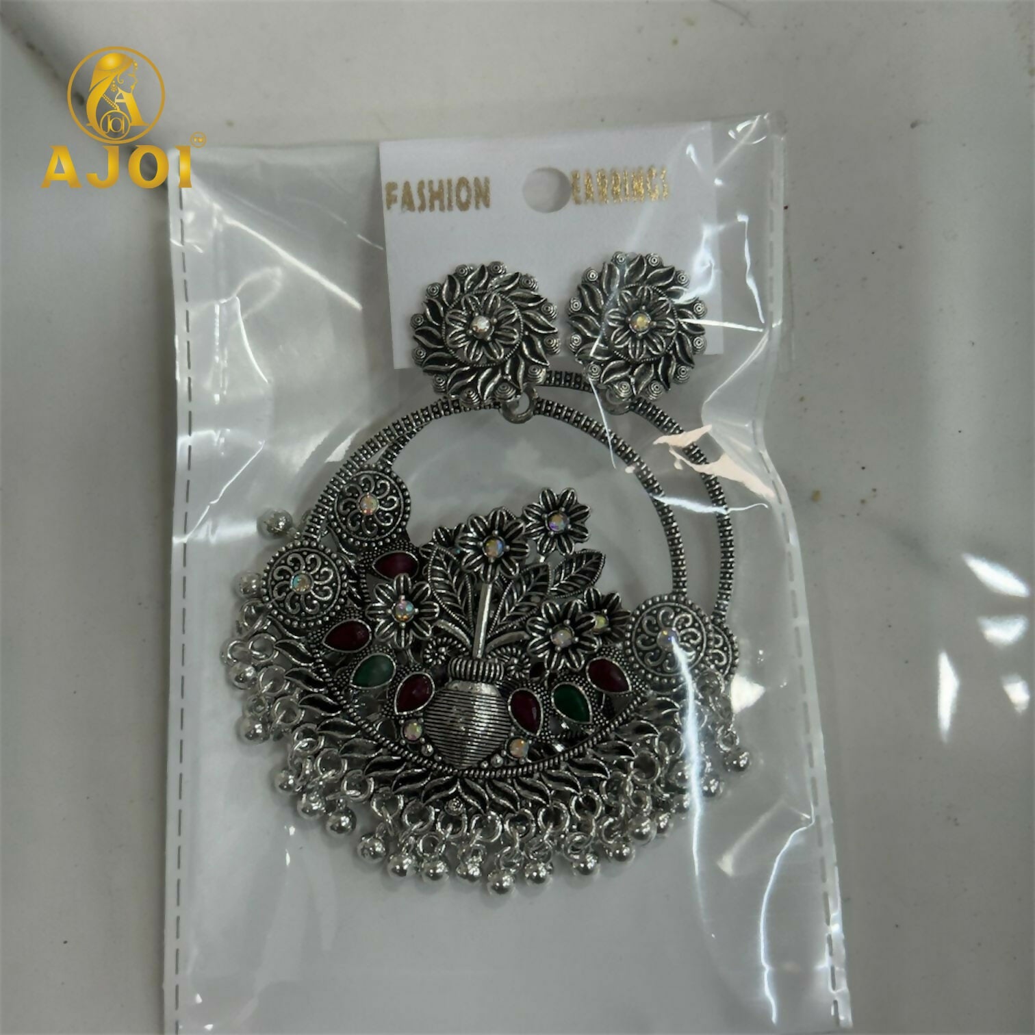 Oxidised Silver Chandbali Earrings – Floral Design with Color Stones
