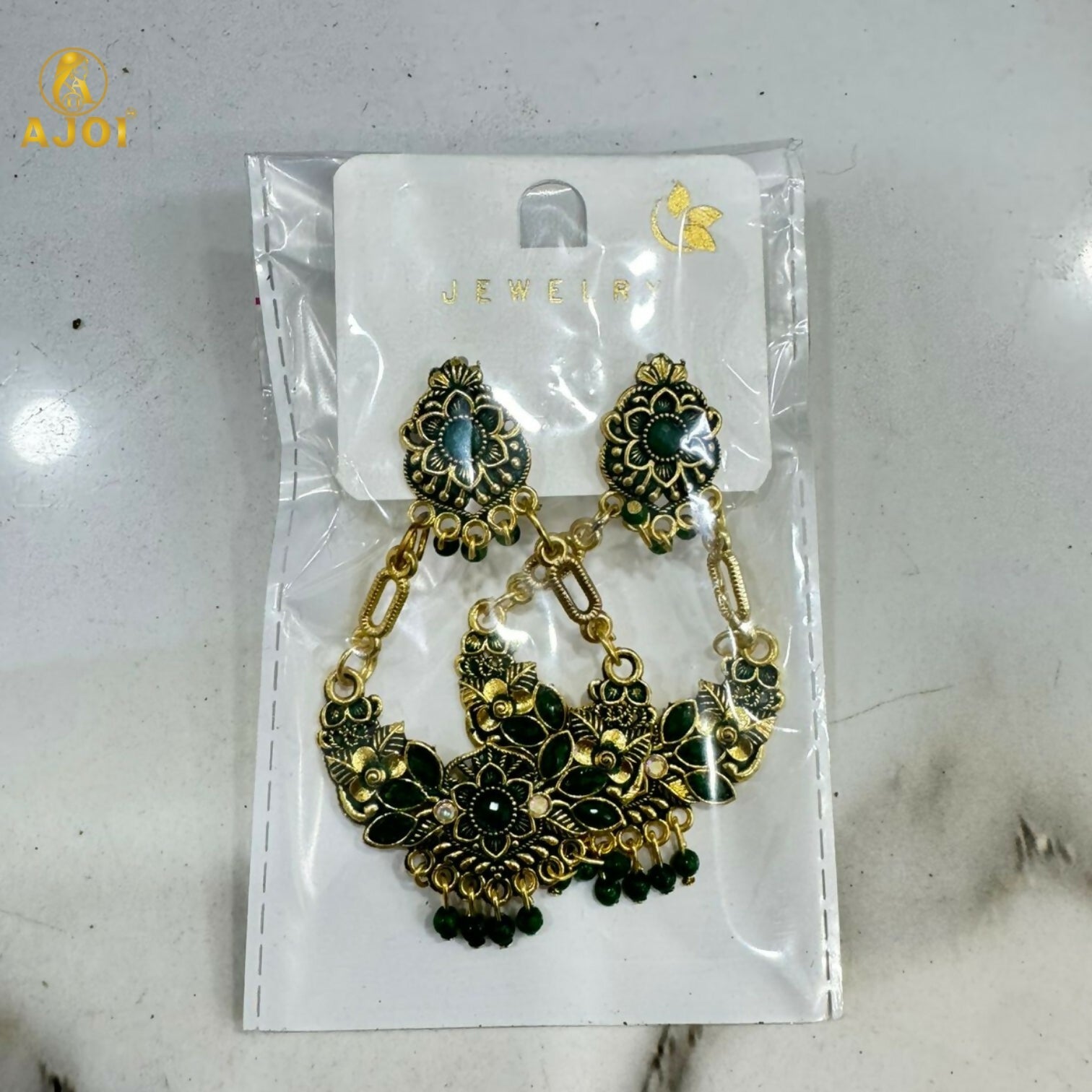 Chandbali Earrings – Antique Gold-Plated with Green Stones