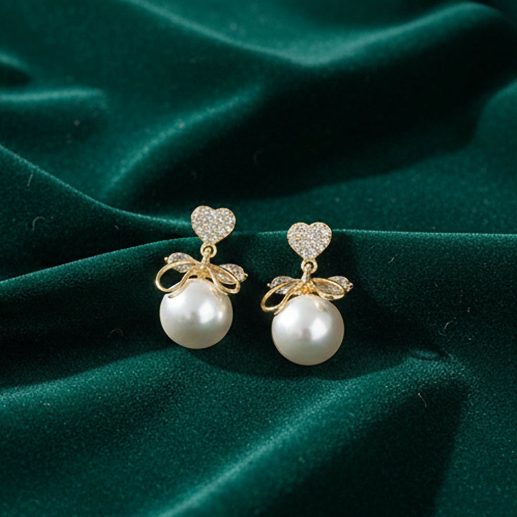 Heart Crystal Pearl Bow Earrings – 14K Gold Plated Elegance