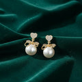 Heart Crystal Pearl Bow Earrings – 14K Gold Plated Elegance