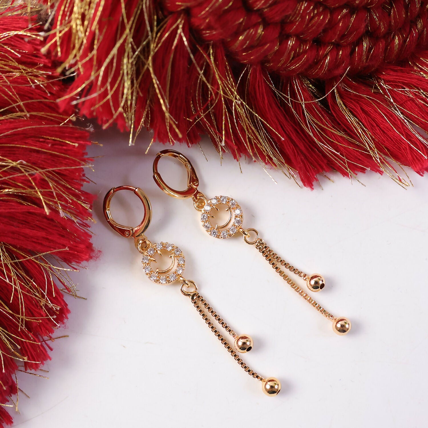 Gold-Tone Smiley Crystal Tassel Drop Earrings – Elegant Dangle Style