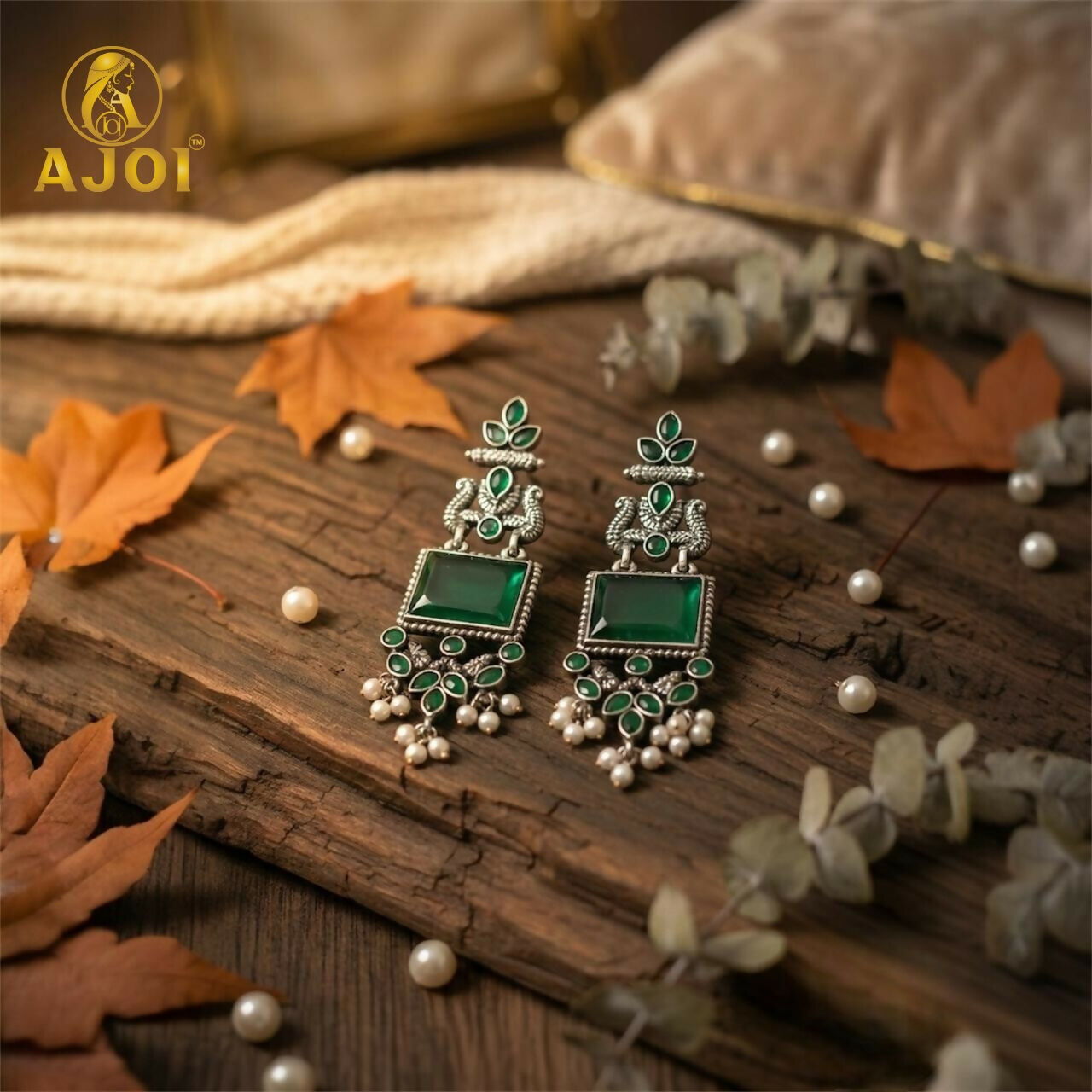 Green Kundan Pearl Earrings – Royal Antique Silver Design