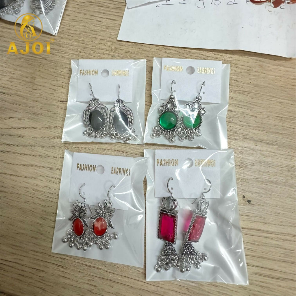 Oxidised Silver Afghani Earrings Set – 4 Pairs with Colored Stones