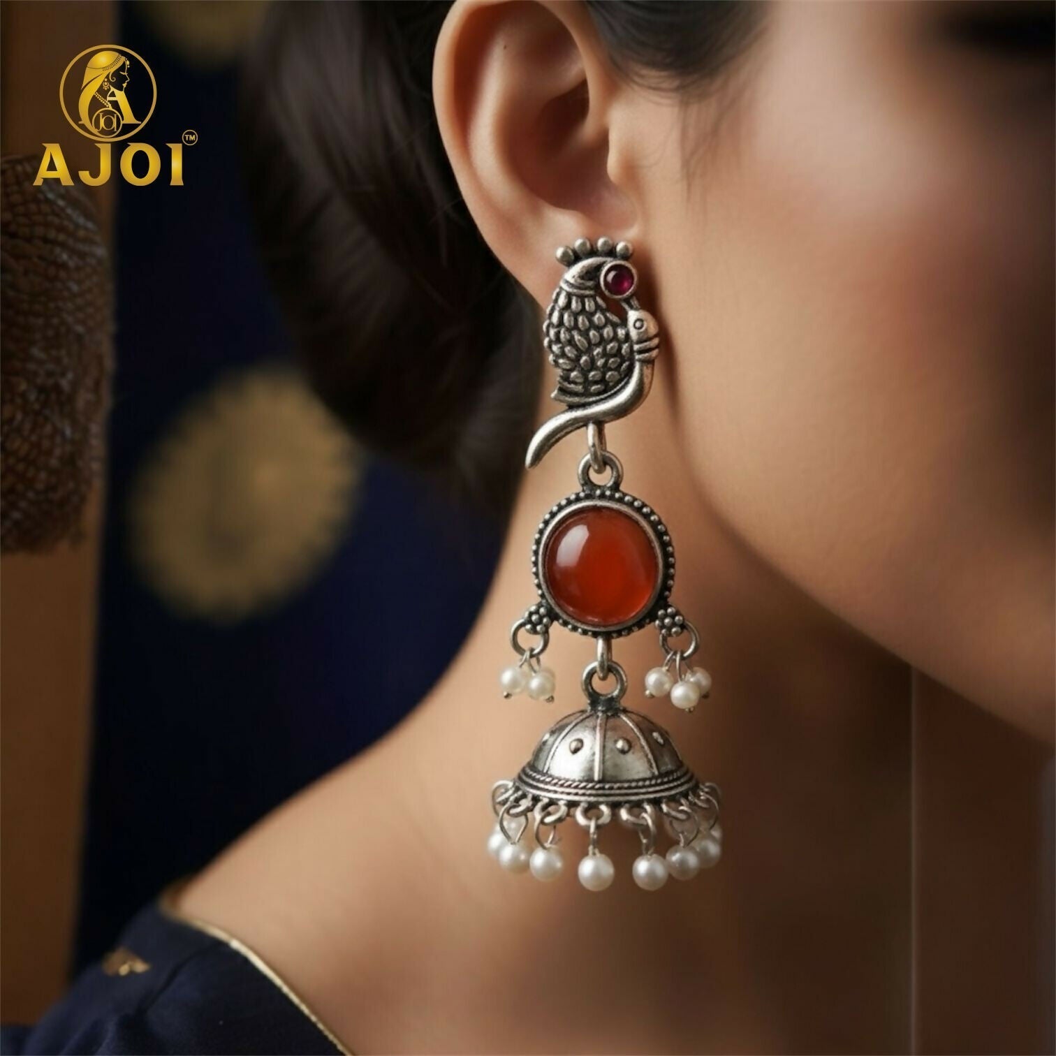 Peacock Jhumka Earrings – Antique Silver with Red Stone & Pearls