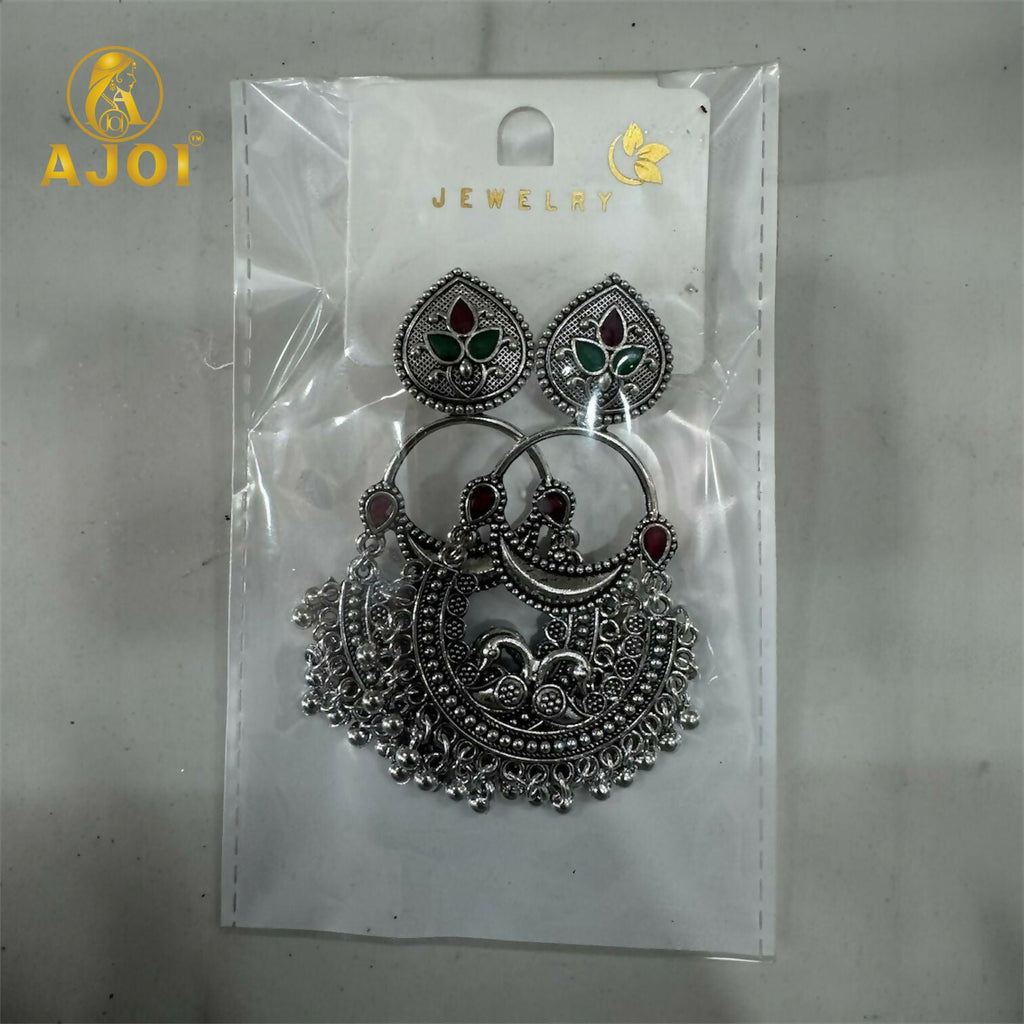 Oxidised Silver Peacock Chandbali Earrings – Vintage Ethnic Charm