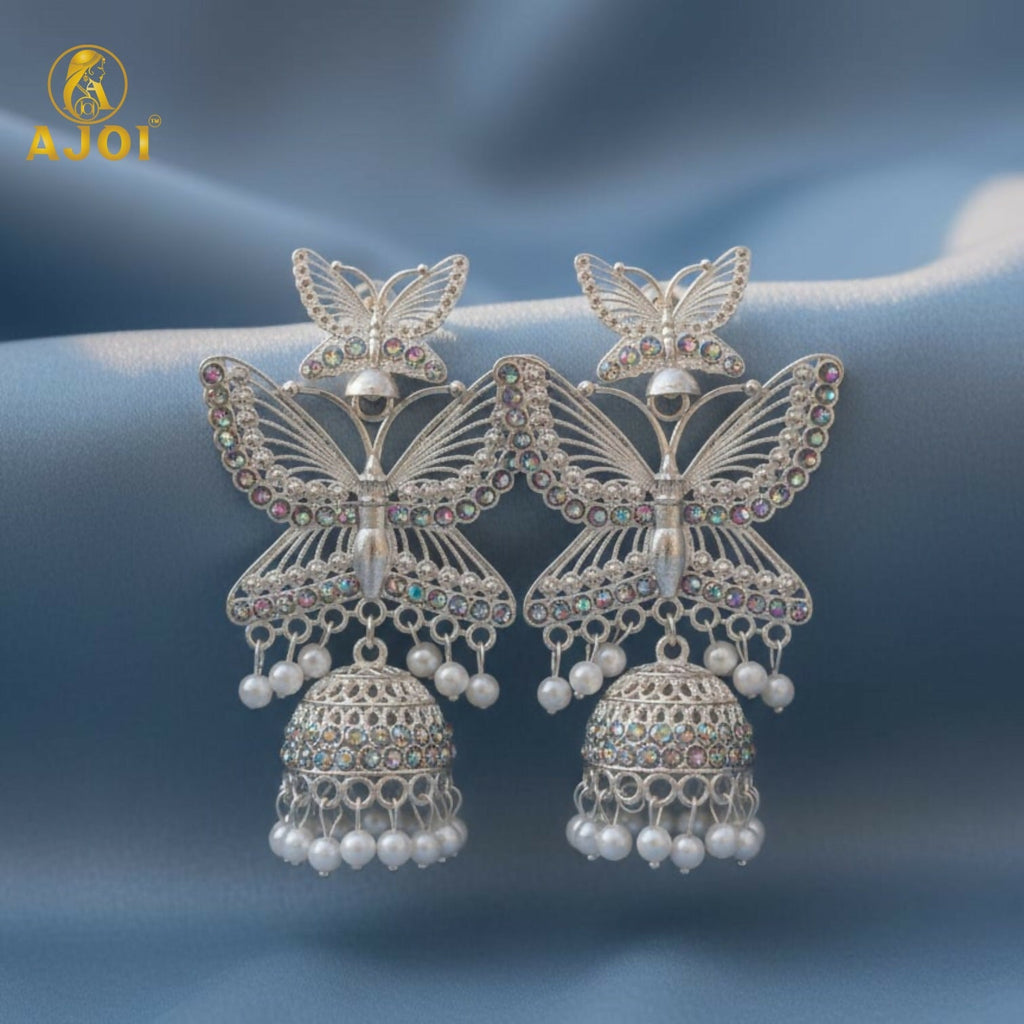 Butterfly Designer Jhumka Earrings – Silver Plated with Pearl Drops