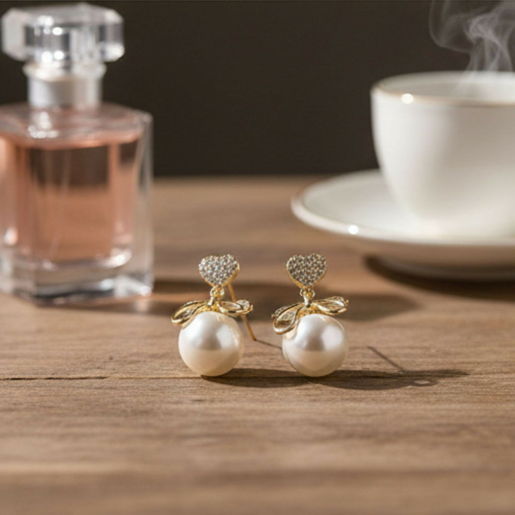 Heart Crystal Pearl Bow Earrings – 14K Gold Plated Elegance