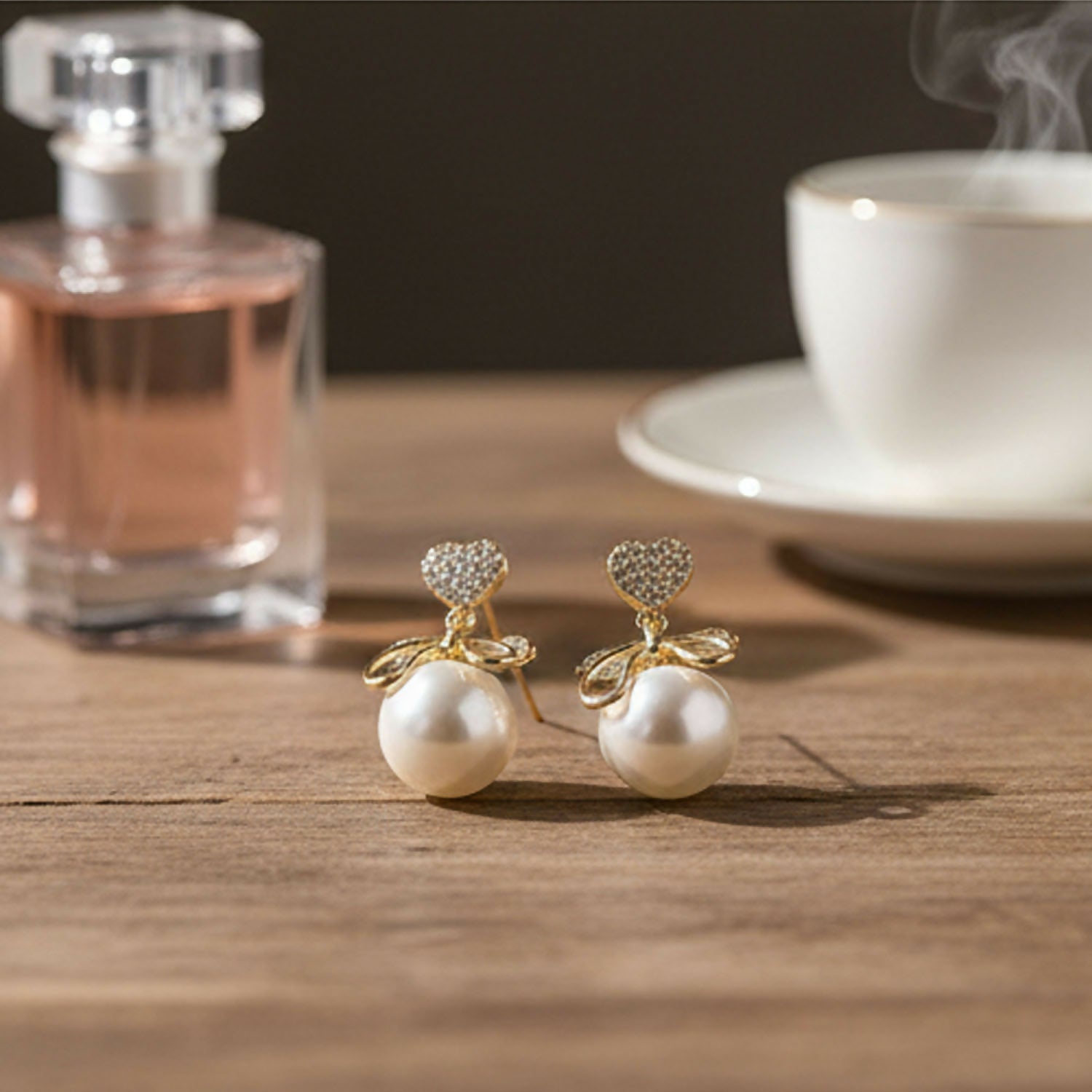 Heart Crystal Pearl Bow Earrings – 14K Gold Plated Elegance