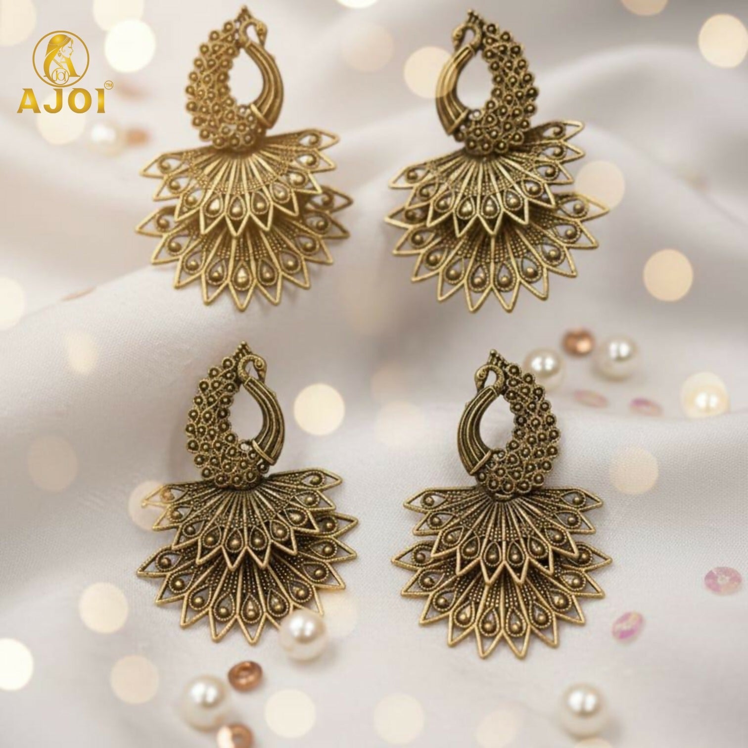 Peacock Antique Gold Earrings Combo – Traditional Ethnic Elegance