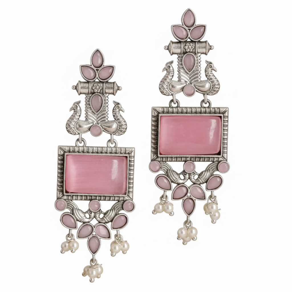 Oxidized Silver Drop Earrings – Pink Stone & Pearl Traditional Charm