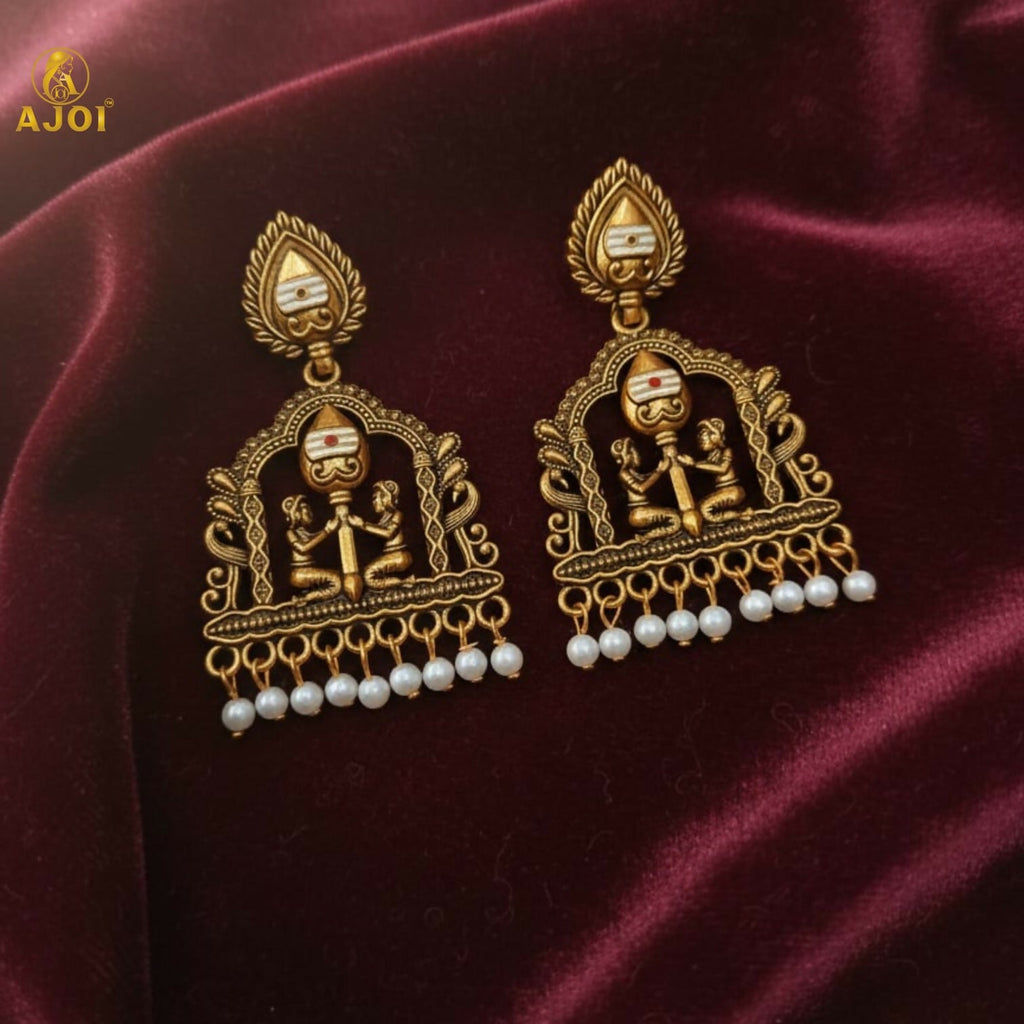 Gold-Tone Temple Jhumka Earrings with Pearl Danglers – Elegant Ethnic Design