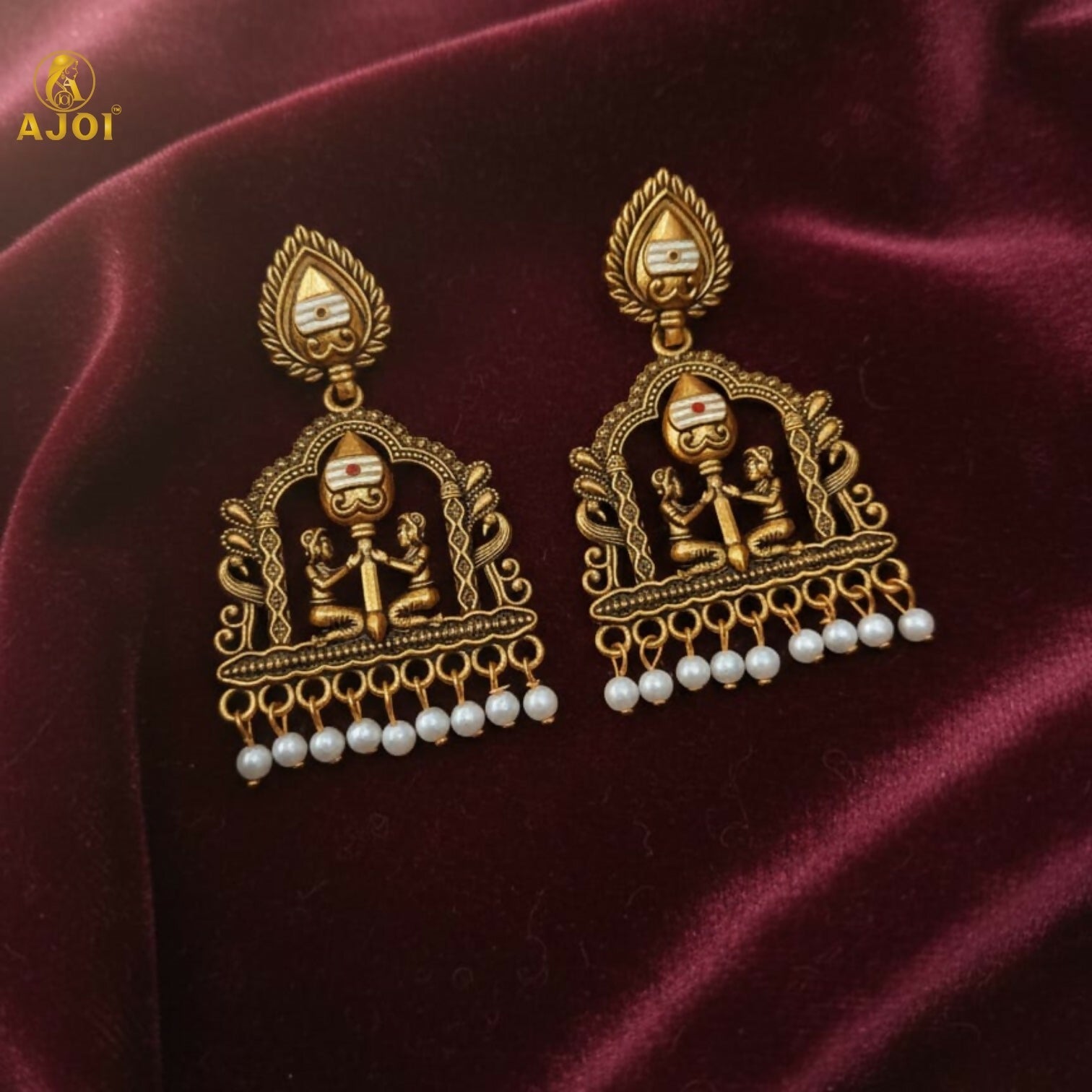 Gold-Tone Temple Jhumka Earrings with Pearl Danglers – Elegant Ethnic Design