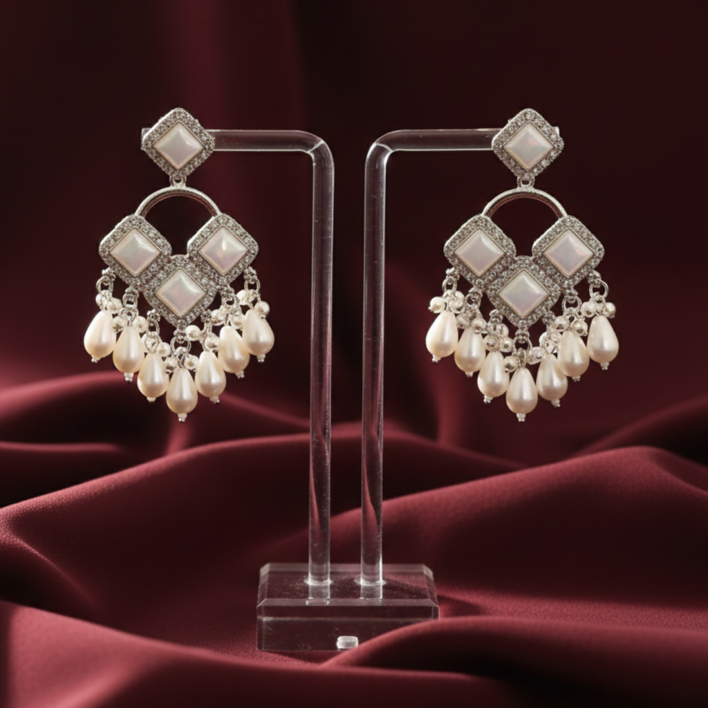 Silver Plated Chandelier Earrings – Elegant Square Crystals & Teardrop Beads