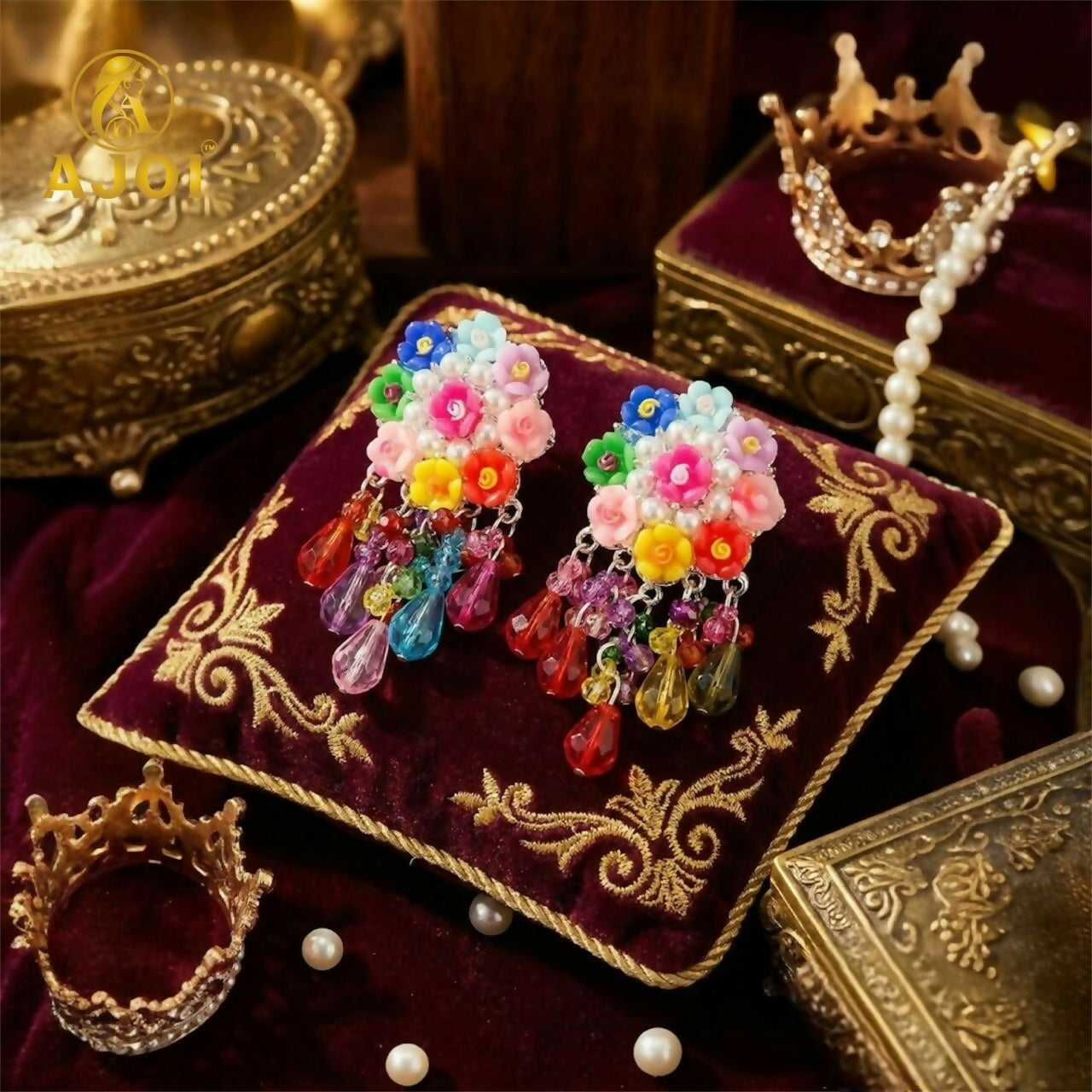 Flower Bead Earrings – Handcrafted Vibrant Multicolor Crystals