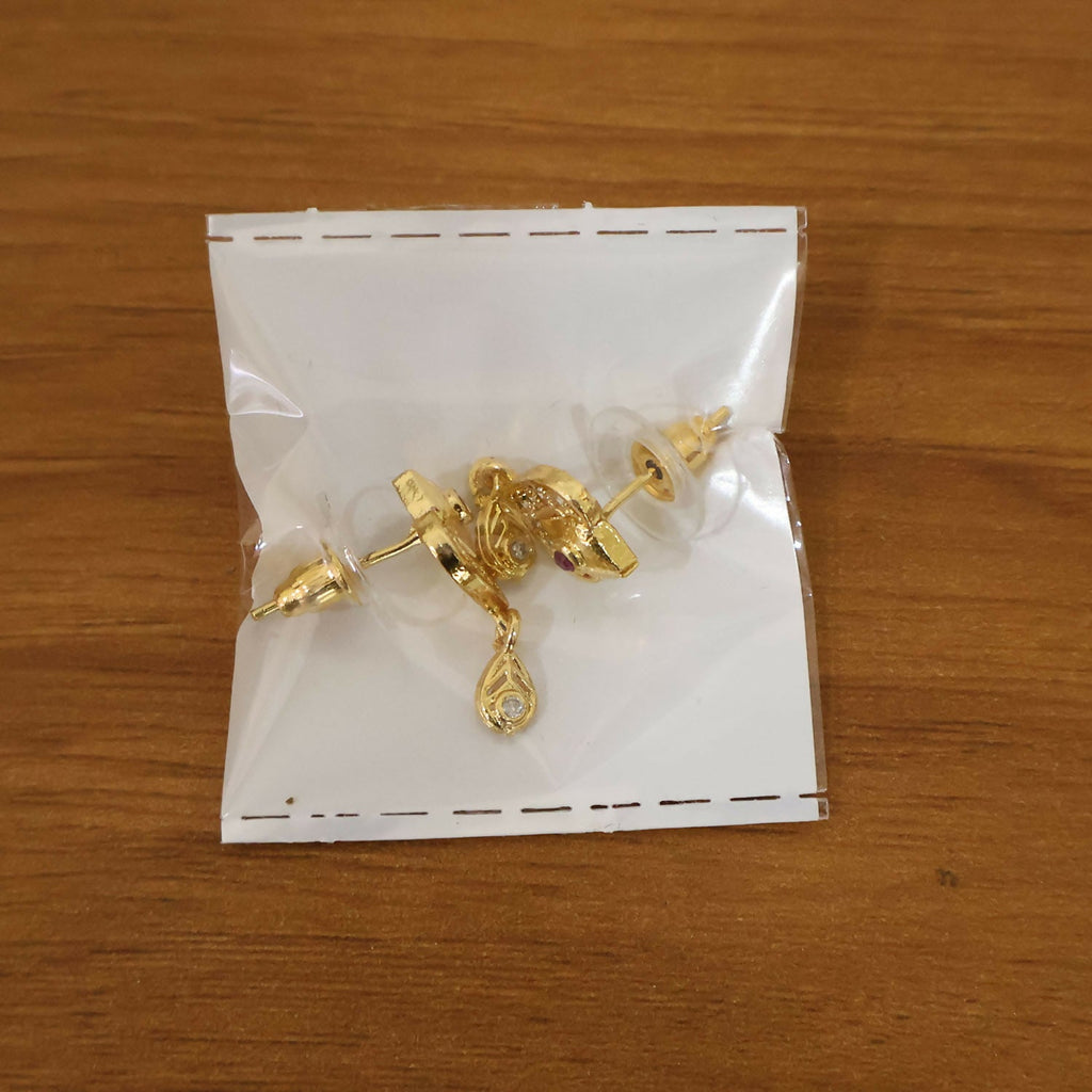 Gold Heart Drop Earrings with Ruby & Crystal Accents – Elegant Design
