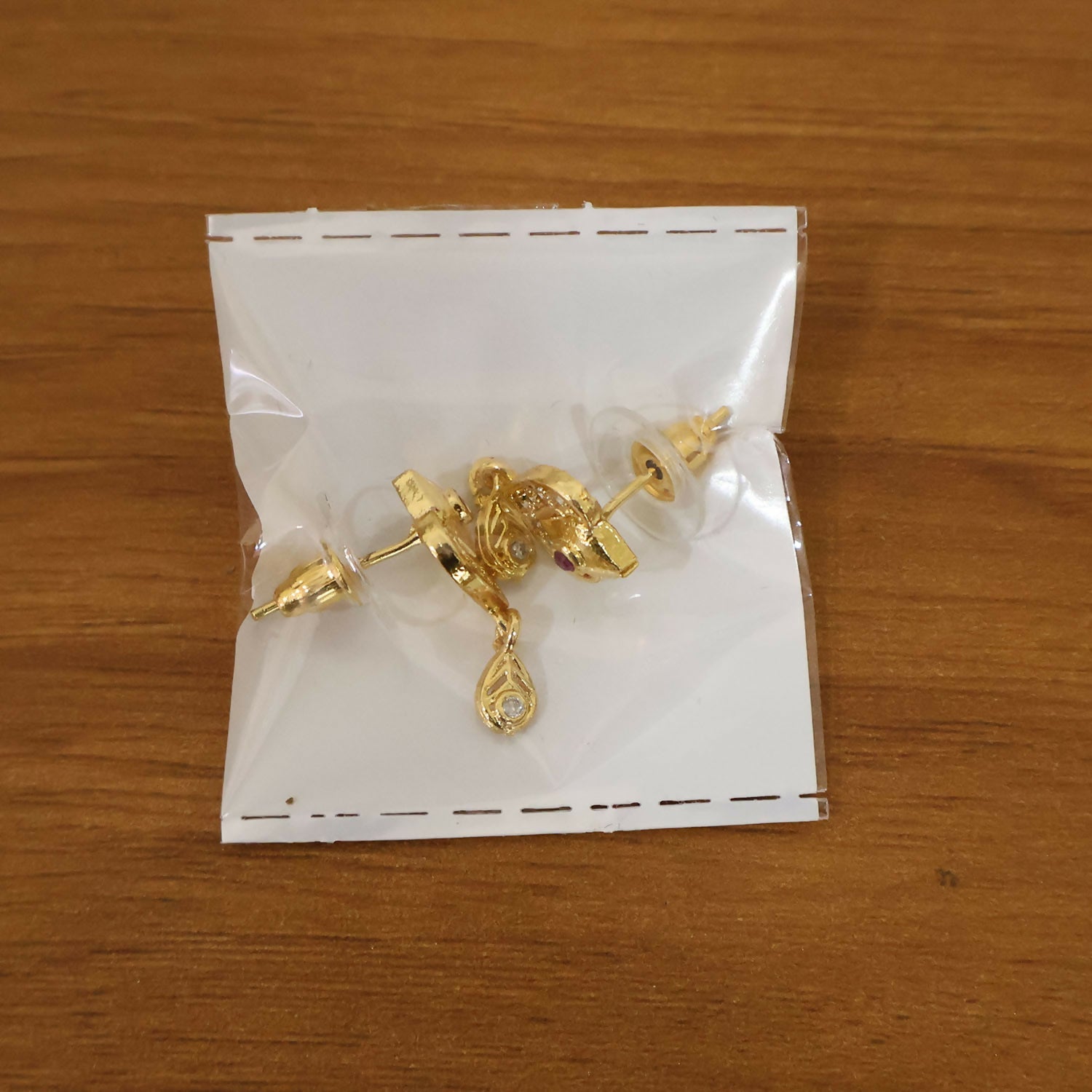 Gold Heart Drop Earrings with Ruby & Crystal Accents – Elegant Design
