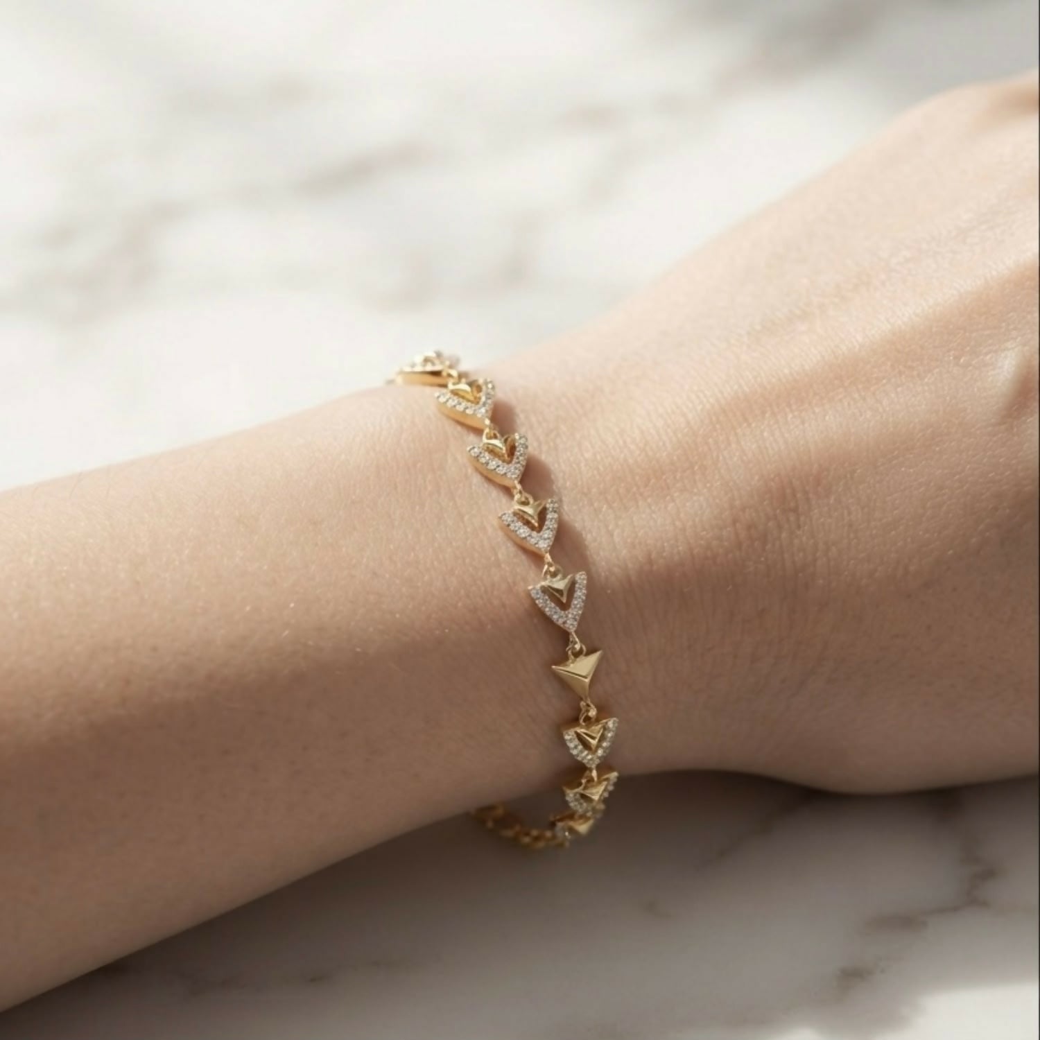 Modern Gold-Tone Triangle Link Bracelet with Crystal Accents for Women and Girls