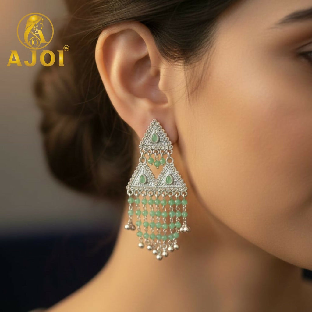 Mint Green Layered Designer Earrings – Elegant Drop & Stone Accents