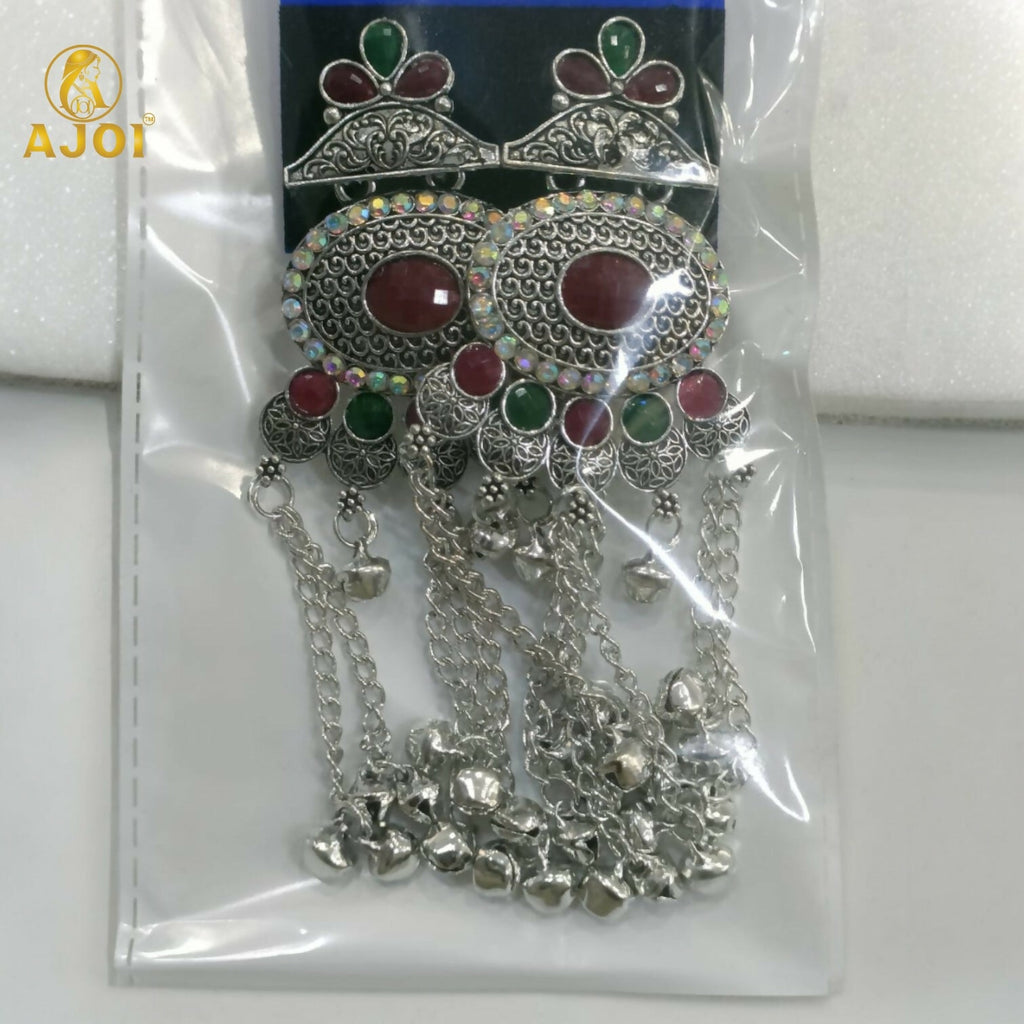 Kashmiri Oxidised Silver Long Earrings – Ethnic Floral Design