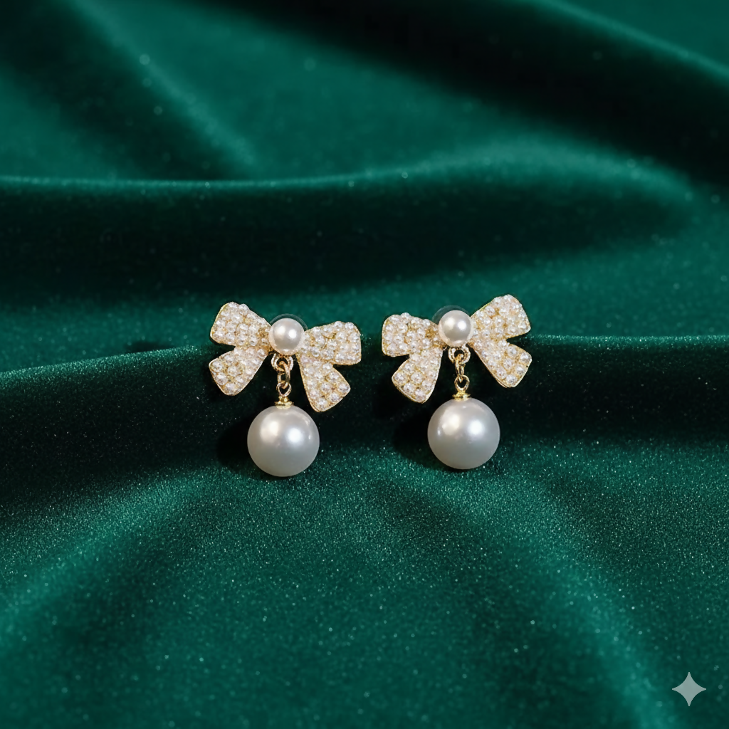 Crystal Pearl Studs – Elegant Korean Ribbon Bow Earrings