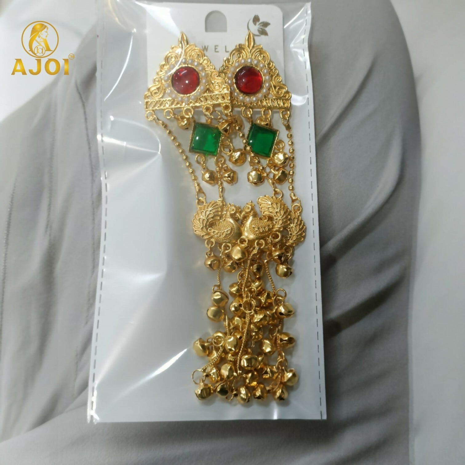 Kashmiri Peacock Jhumka Earrings – Royal Red & Green Stones