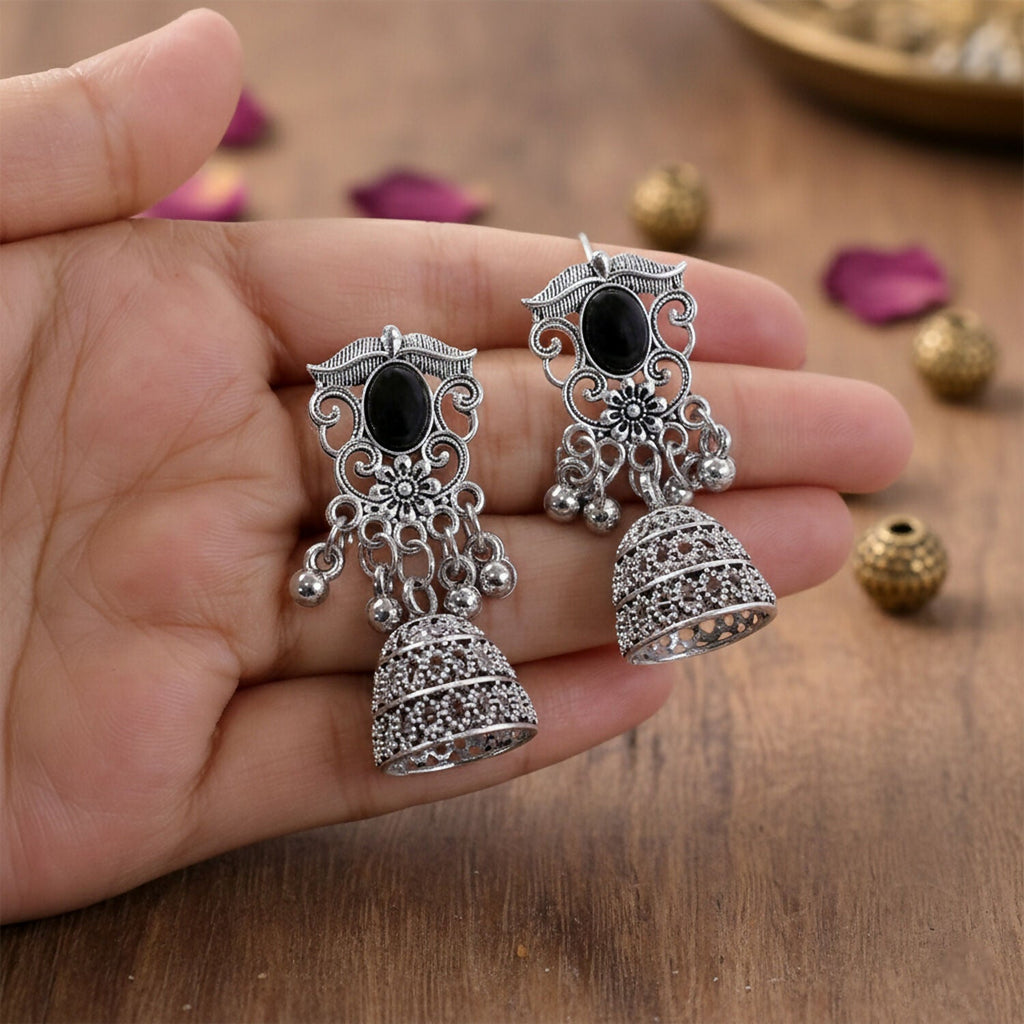 German Silver Jhumka Earrings – Elegant Black Monalisa Stones