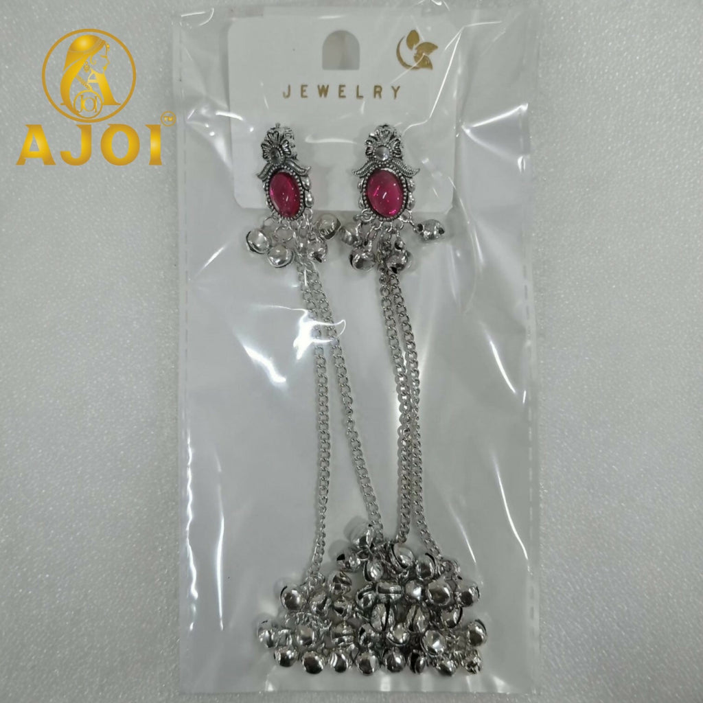 Kashmiri Silver-Tone Ruby Chain Drop Earrings – Luxurious Elegance