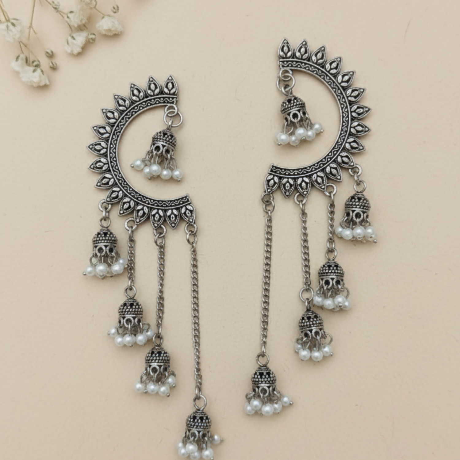 Oxidized Crescent Chandbali Earrings – Elegant Pearl Jhumka Drops