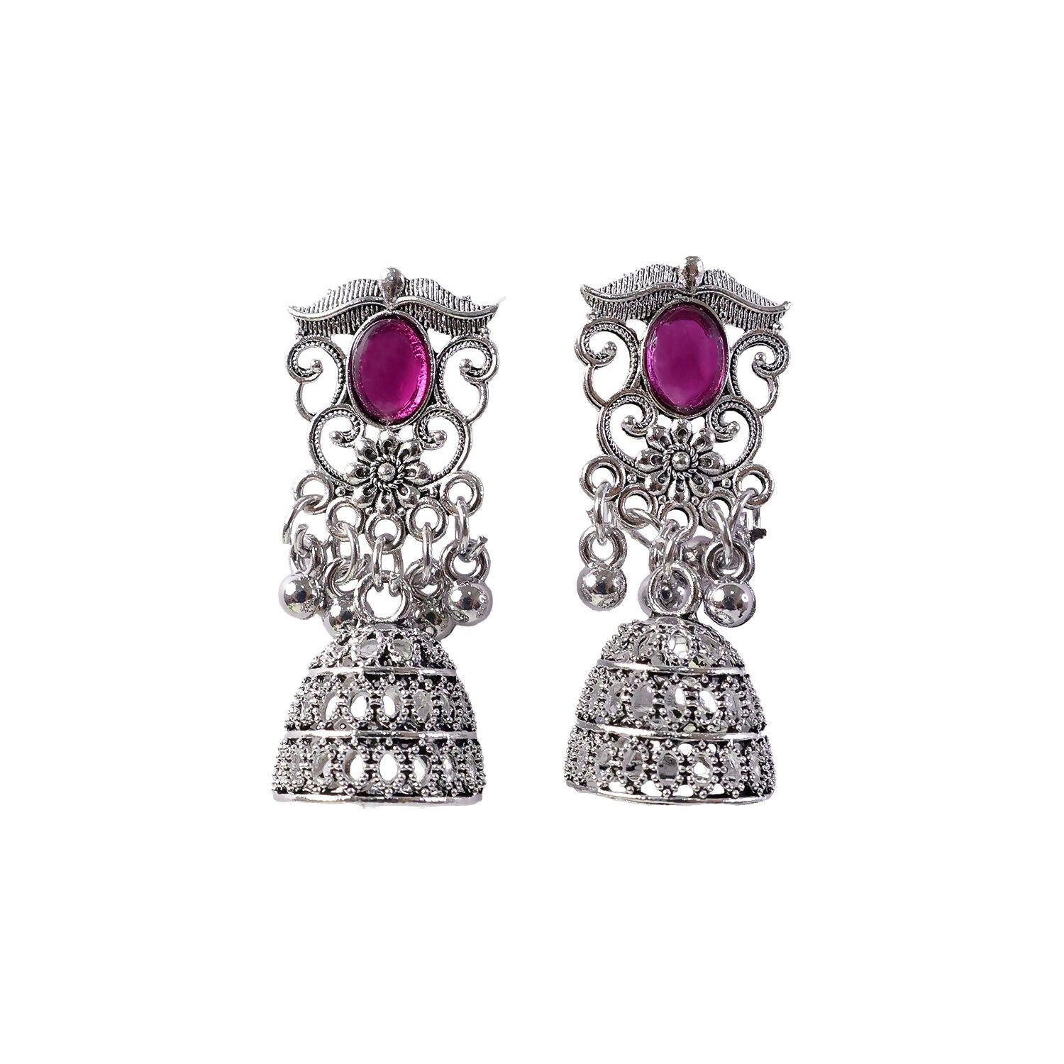 Silver Jhumka Earrings – Traditional Pink Stone & Filigree