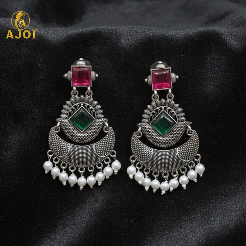 Chandbali Earrings – Antique Silver Finish with Ruby & Green Stones