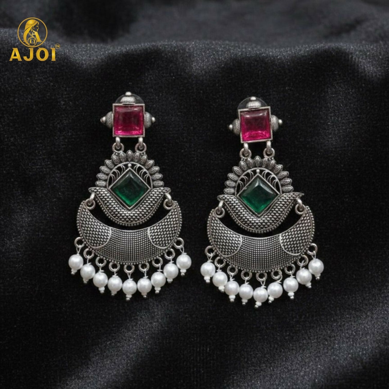 Chandbali Earrings – Antique Silver Finish with Ruby & Green Stones