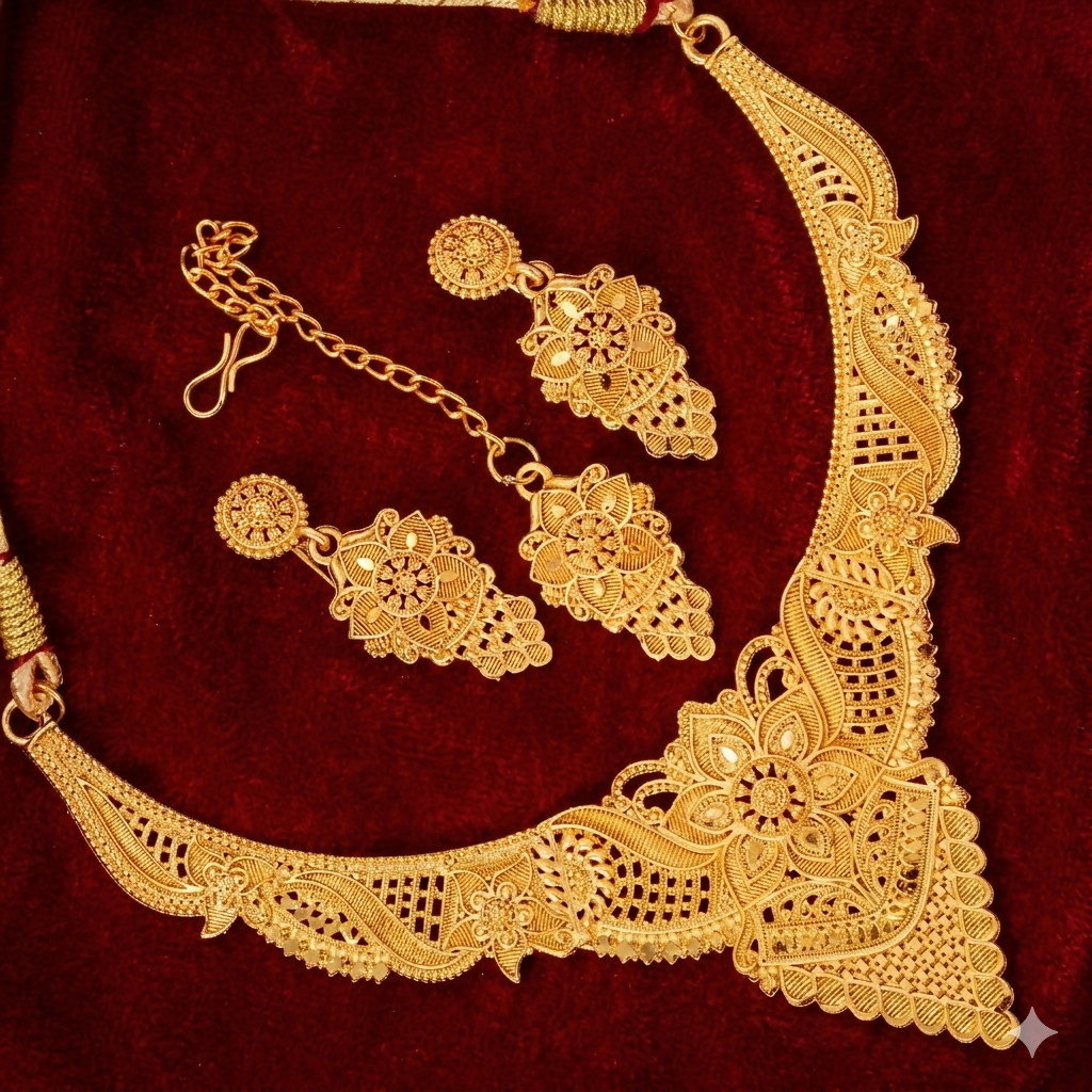 Gold-Tone Floral Necklace with Matching Earrings for Wedding & Festive Wear